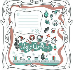 Christmas accessories icons, card templates, collection. Thick wooden frame, Merry Christmas letters