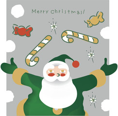 An illustration of a cheerful Santa Claus with a big beard spreading his arms for Christmas. Christmas tree and candy and striped cane candy, Merry Christmas letters
