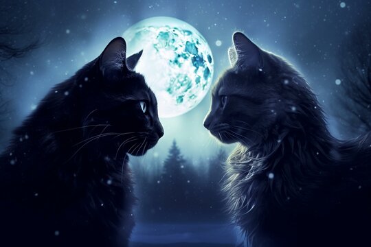 Fototapeta Nocturnal feline conversing with moon in digital artistic rendering. Generative AI