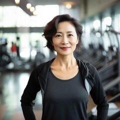 Beautiful woman at gym posing with a smile for camera. Fictional characters created by Generated AI. - obrazy, fototapety, plakaty
