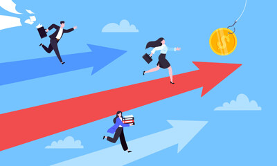 Business career competition with man and woman business persons running flat style design vector illustration concept. Leadership race employee competition with achieving success award.