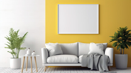 Sala de estar blanca y amarilla con un sofa blanco con una manta gris encima, decorada con un cuadro blanco en la pared amarilla, una mesa de madera y dos plantas naturales a los lados. - obrazy, fototapety, plakaty