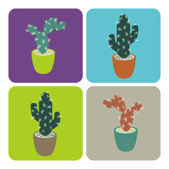 Vector set of colorful cactus plants in colored pots. Home plants cactus in pots.  Exotic and Tropical Plants - Cacti for design isolated on white background. Hand drawn cactus for design. Cactus logo