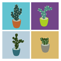 Vector set of colorful cactus plants in colored pots. Home plants cactus in pots.  Exotic and Tropical Plants - Cacti for design isolated on white background. Hand drawn cactus for design. Cactus logo