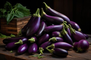 View of fresh eggplant on wooden table.