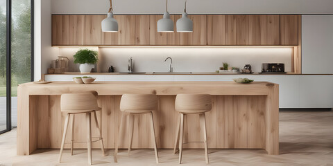 Wooden tabletop counter in front of bright modern kitchen.