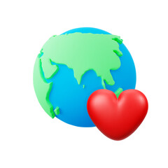 3D Cute Cartoon Earth and Heart Isolated on White Background. Concept of Caring for Living Planet or International Mother Earth Day. Vector Illustration of 3D Render.