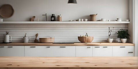 Wooden tabletop counter in front of bright modern kitchen.