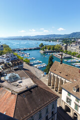 Zurich skyline with lake from above portrait format in Switzerland