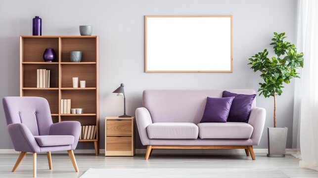 living room interior with design purple sofa