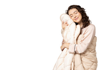 PNG, a girl in a warm blanket, isolated on a white background.