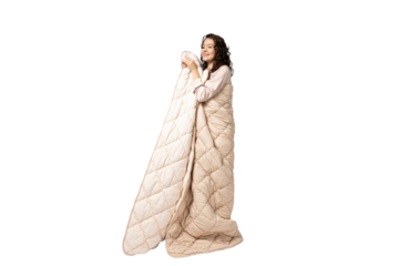 PNG, a girl in a warm blanket, isolated on a white background.