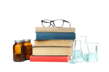 PNG, Books, flasks, glasses and jars of pills, isolated on white background
