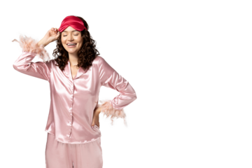 PNG girl in pajamas and mask isolated on white background.
