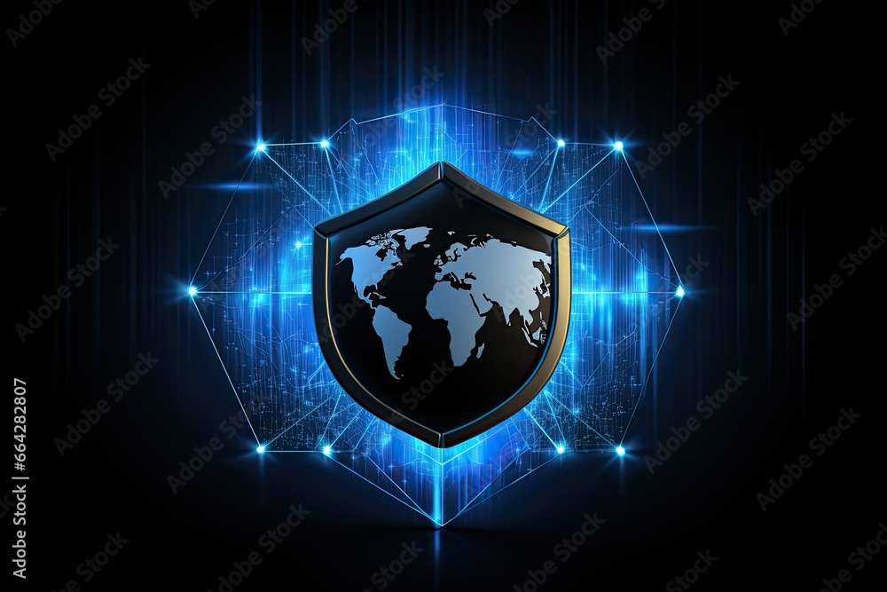 Poster cyber security concept. protect shield with world map. vector illustration, global network security 