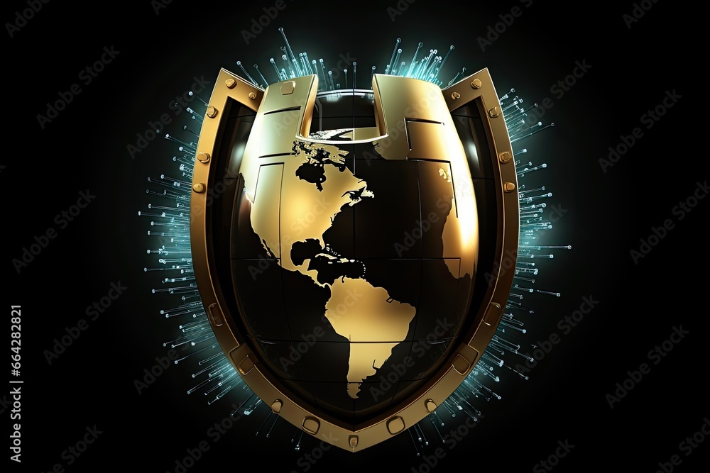 Poster globe and shield, cyber security concept. 3d rendering, global network security shield on a black ba