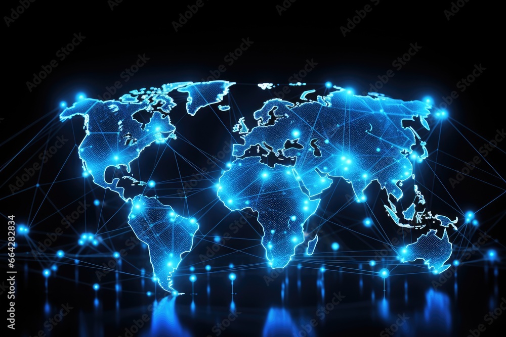 Poster digital world map with glowing lines on dark background. 3d rendering, global networking and interna