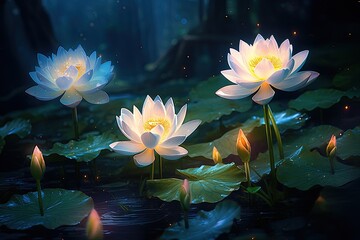 Fototapeta na wymiar Beautiful lotus flowers blooming in the pond at night, glowing lotus flowers, AI Generated