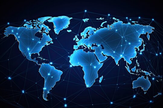 Fototapeta World map with glowing lines and dots on blue background. Vector illustration, Global networking and international communication. World map as a symbol of the global network, AI Generated