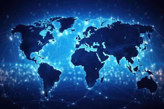 World map on a technological background, glowing lines symbols of the Internet, radio, television, mobile and satellite communications, Global networking and international communication, AI Generated
