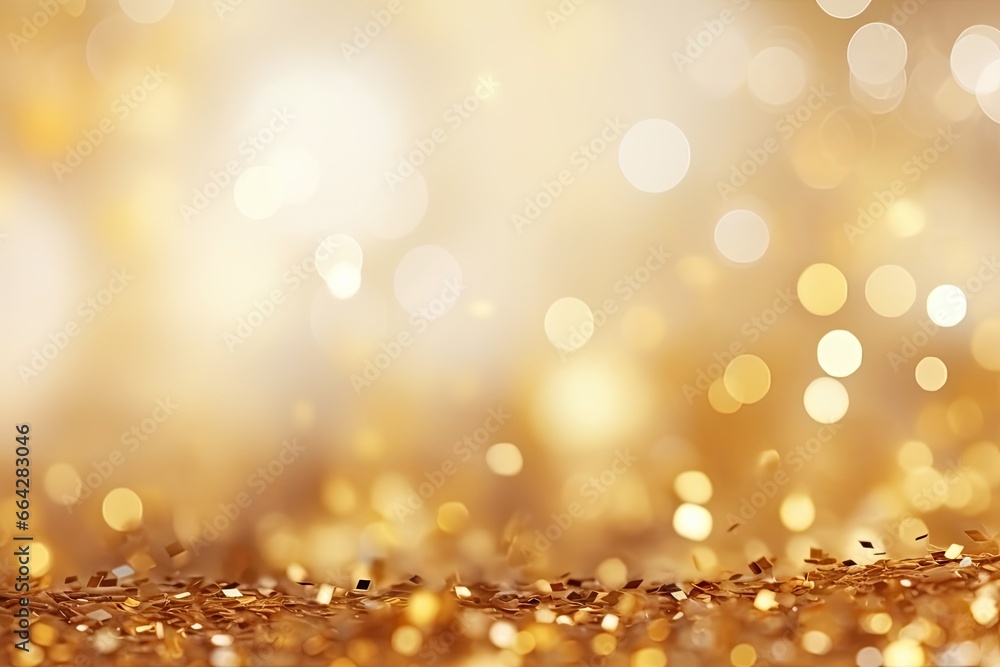 Poster golden glitter background with bokeh defocused lights and sparkle, golden confetti on a light backgr