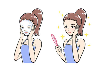 顔パックをする若い女性、肌がきれいになり手鏡を見る若い女性セット
