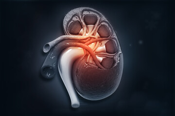Human kidney anatomy on dark blue background. 3d illustration.. - obrazy, fototapety, plakaty