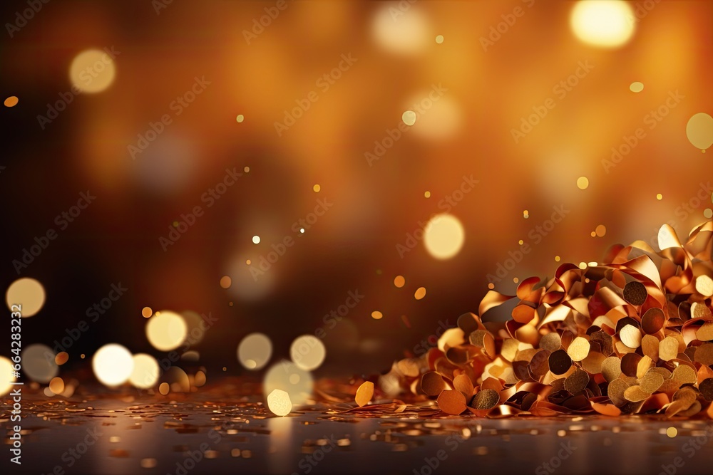 Poster golden confetti on a bokeh background. 3d rendering, golden confetti on bokeh background. festive de