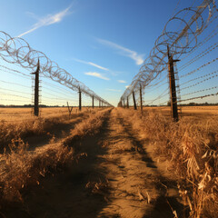 Obraz premium Fence a country border with barbed wire, ai generated