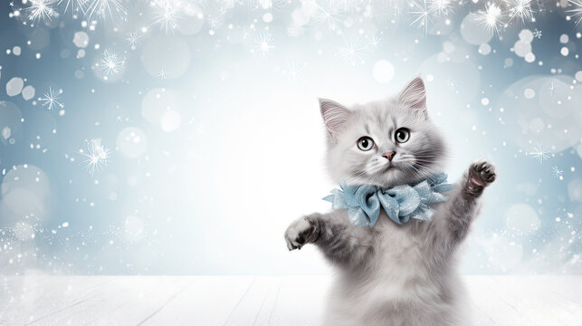 A gray kitten catches falling snowflakes with its paws on a blue winter background.