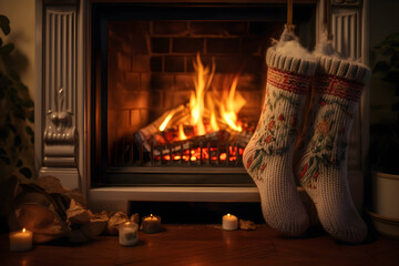 Christmas knitted socks hanging next to fireplace with burning fire.