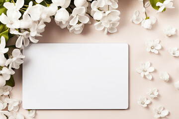 Blank white sheet of paper on a beige background with white sakura flowers. Free space for product placement or advertising text.
