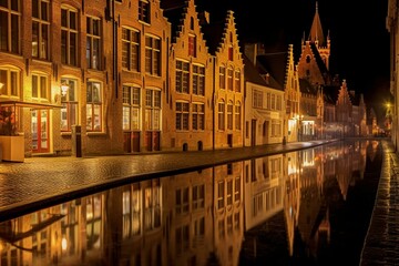 Nighttime view of historic buildings in the old town of Bruges, Belgium. Generative AI