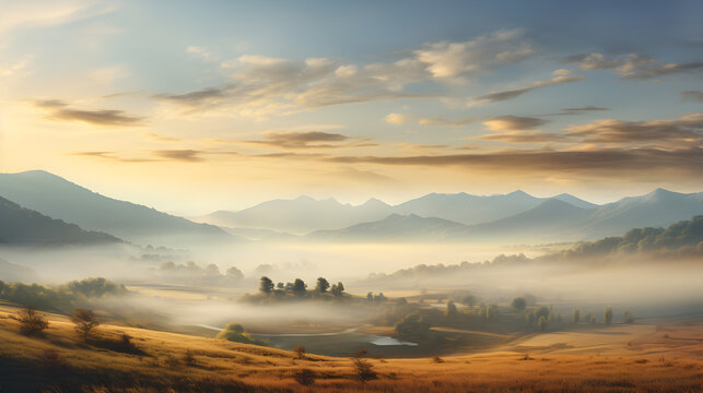 Autumnal countryside with hills on the horizon, sunset and mist.