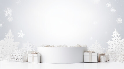 White round podium or pedestal with New Year gift boxes on a winter background with decorative snowflakes. Free space for product placement or advertising text. - obrazy, fototapety, plakaty