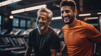 Two men in the gym - Fitness and Friendship. Fictional characters created by Generated AI. - obrazy, fototapety, plakaty