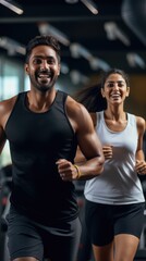 Man and woman exercising together in a gym. Fictional characters created by Generated AI.