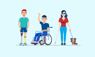 Group of smiling characters with disabilities and a man in a wheelchair People with prosthetics and football Blind woman and guide dog Vector illustration