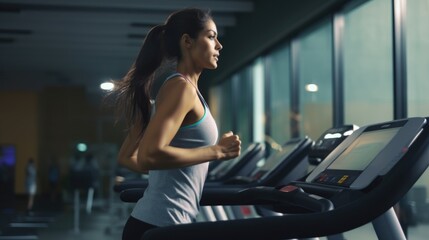 Female jogger on a treadmill in a gym. Fictional characters created by Generated AI.