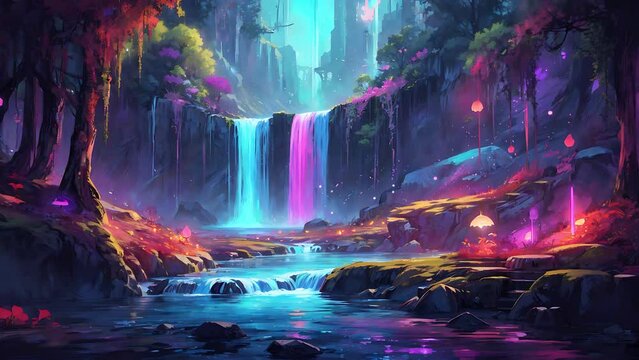 beautiful landscape of neon colorful waterfall in the forest