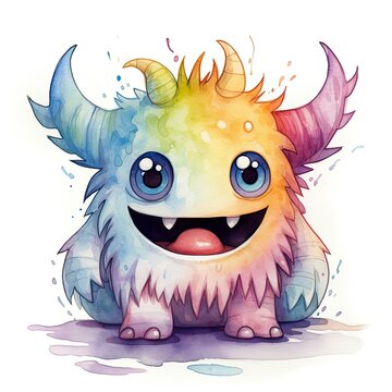 Watercolor cute monster on white background.
