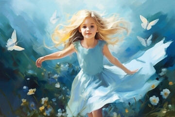 Cute little princess in blue dress with Flowers and butterflies - obrazy, fototapety, plakaty