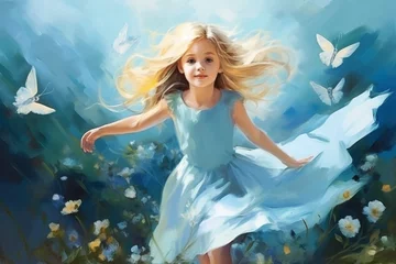 Fotobehang Cute little princess in blue dress with Flowers and butterflies © bit24