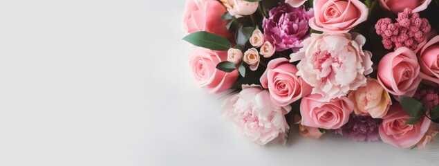 Fresh bunch of pink peonies and roses with copy space.