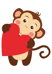 Cute happy monkey holding a heart