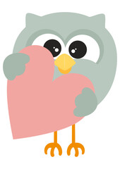 Cute happy owl holding a heart