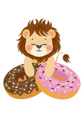Funny lion with strawberry and chocolate donuts