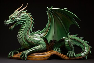 Fototapeta premium Portrait of wooden green magical fantasy dragon on the dark black background