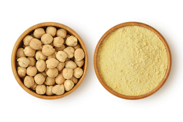 Chickpeas and chickpea flour in wooden bowl on white background
