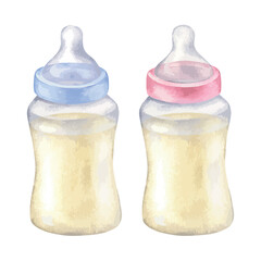 Milk Baby bottle. Vector watercolor illustration of childrens food. Hand drawn clip art on white isolated background. Drawing of blue and pink kids stuff for boy and girl. For gender reveal party